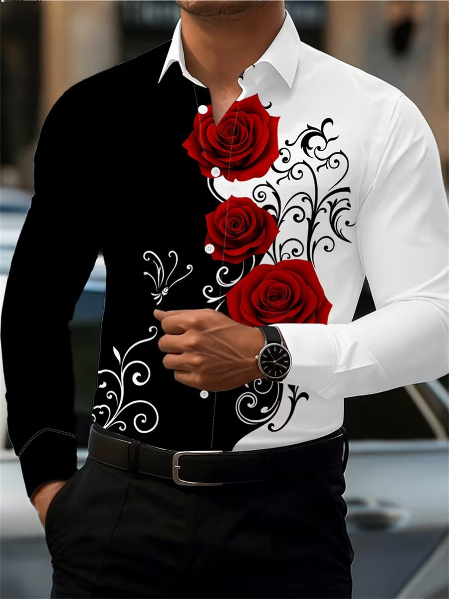 Mens Fashion Wear - Men's Red Rose Print Long-Sleeve Shirt,