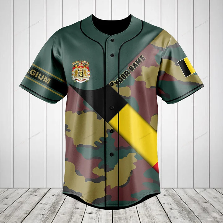 Custom Name Belgium Flag Camou - Mens Fashion Baseball Jersey 评论和价格