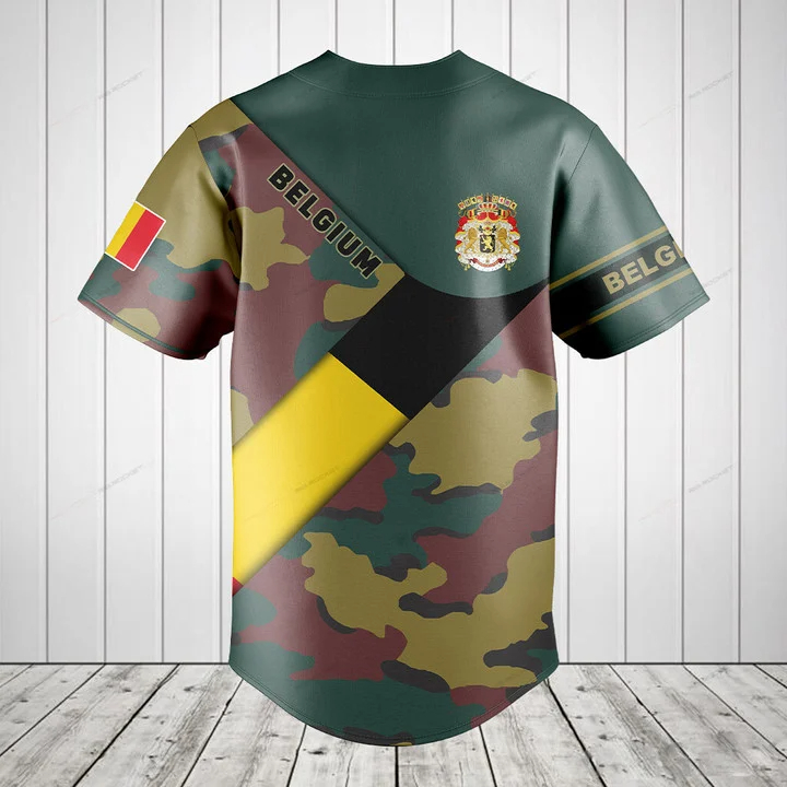 Custom Name Belgium Flag Camou - Mens Fashion Baseball Jersey 评论和价格