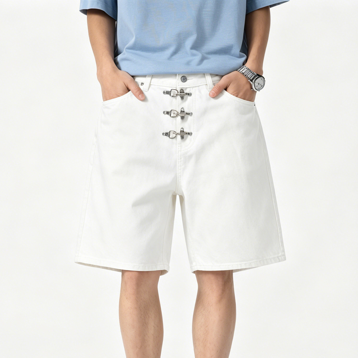Metal Buckle Short Baggy Jeans - Jeans Pants Fashion Men 评论和价格
