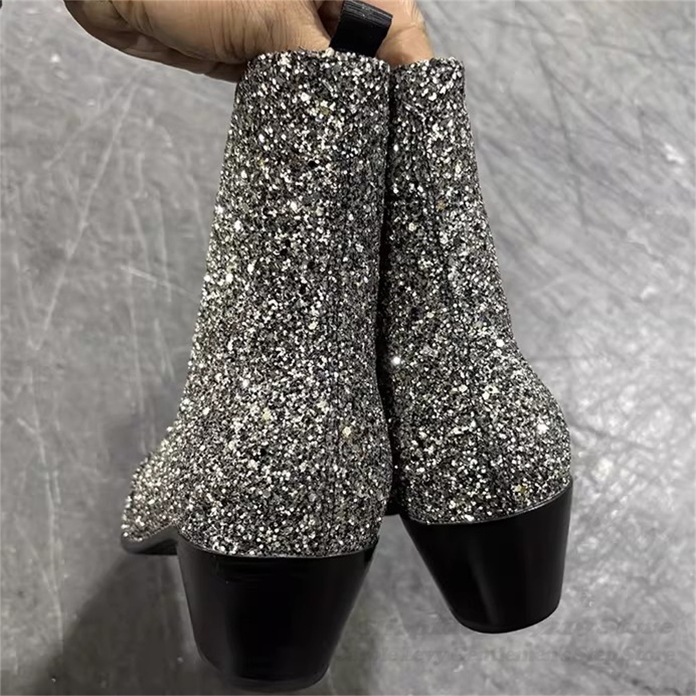 Silver Bling Bling Pointed Toe - Chelsea Boots Men 评论和价格