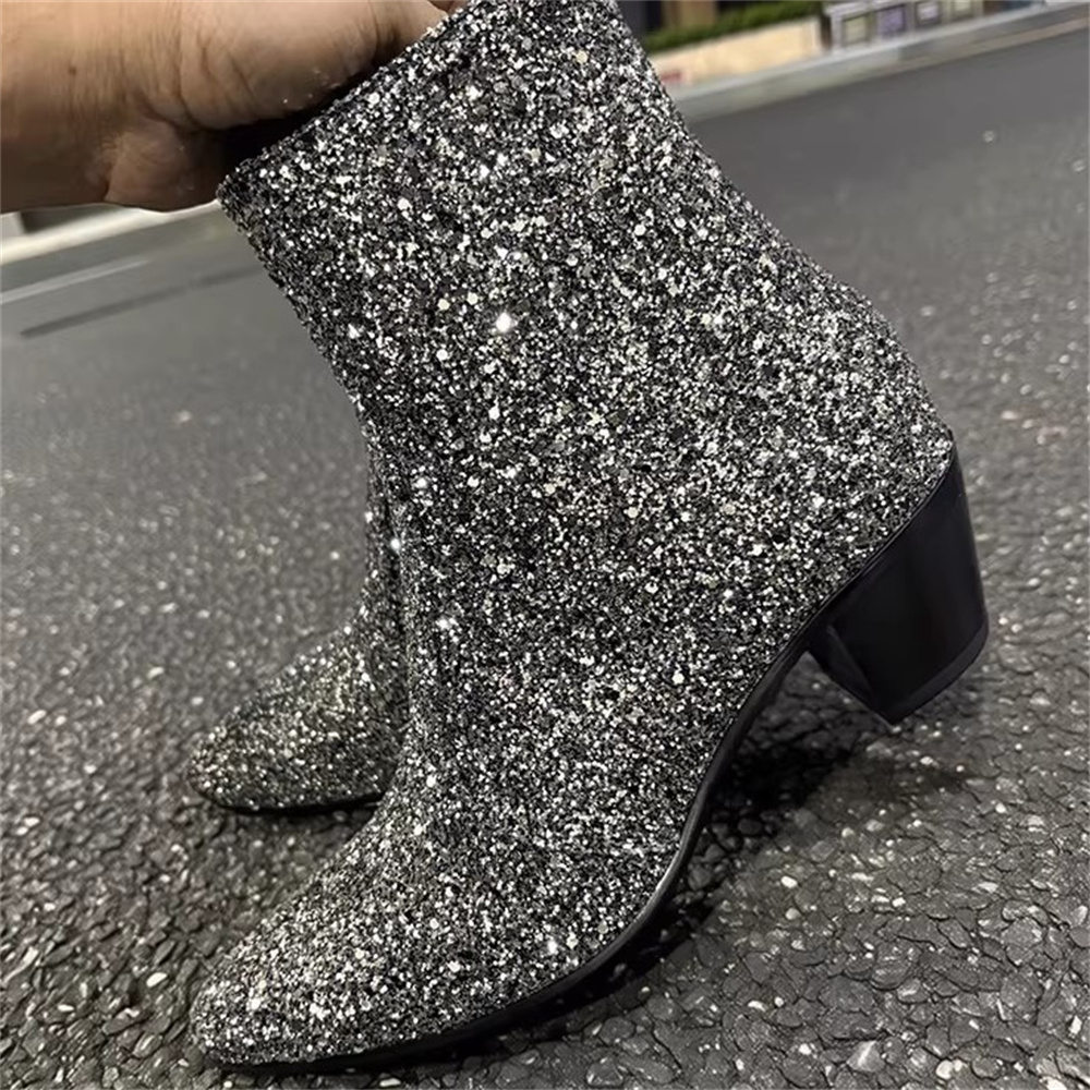 Silver Bling Bling Pointed Toe - Chelsea Boots Men 评论和价格