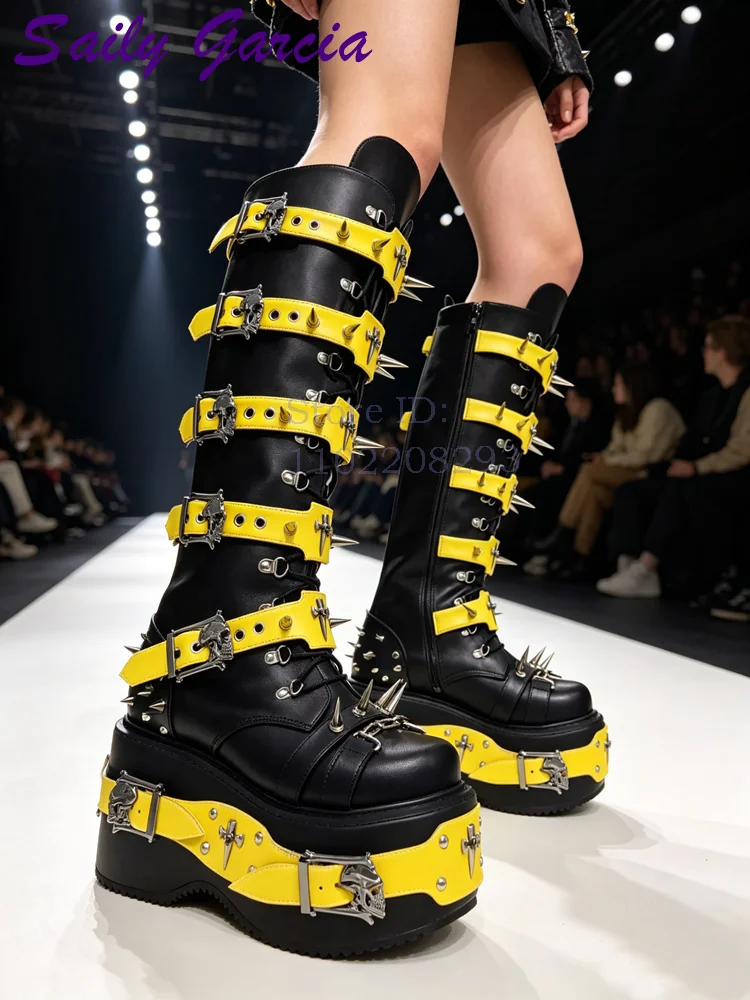Skull Rivet Punk Knee-high Boo - Leather Belt Braided 评论和价格