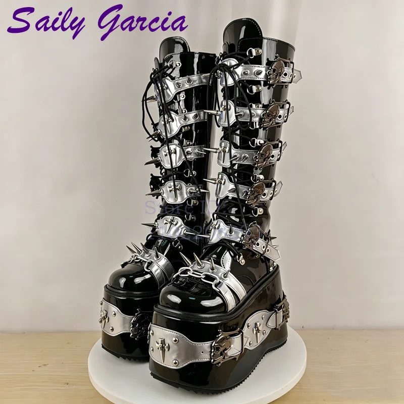 Skull Rivet Punk Knee-high Boo - Leather Belt Braided 评论和价格