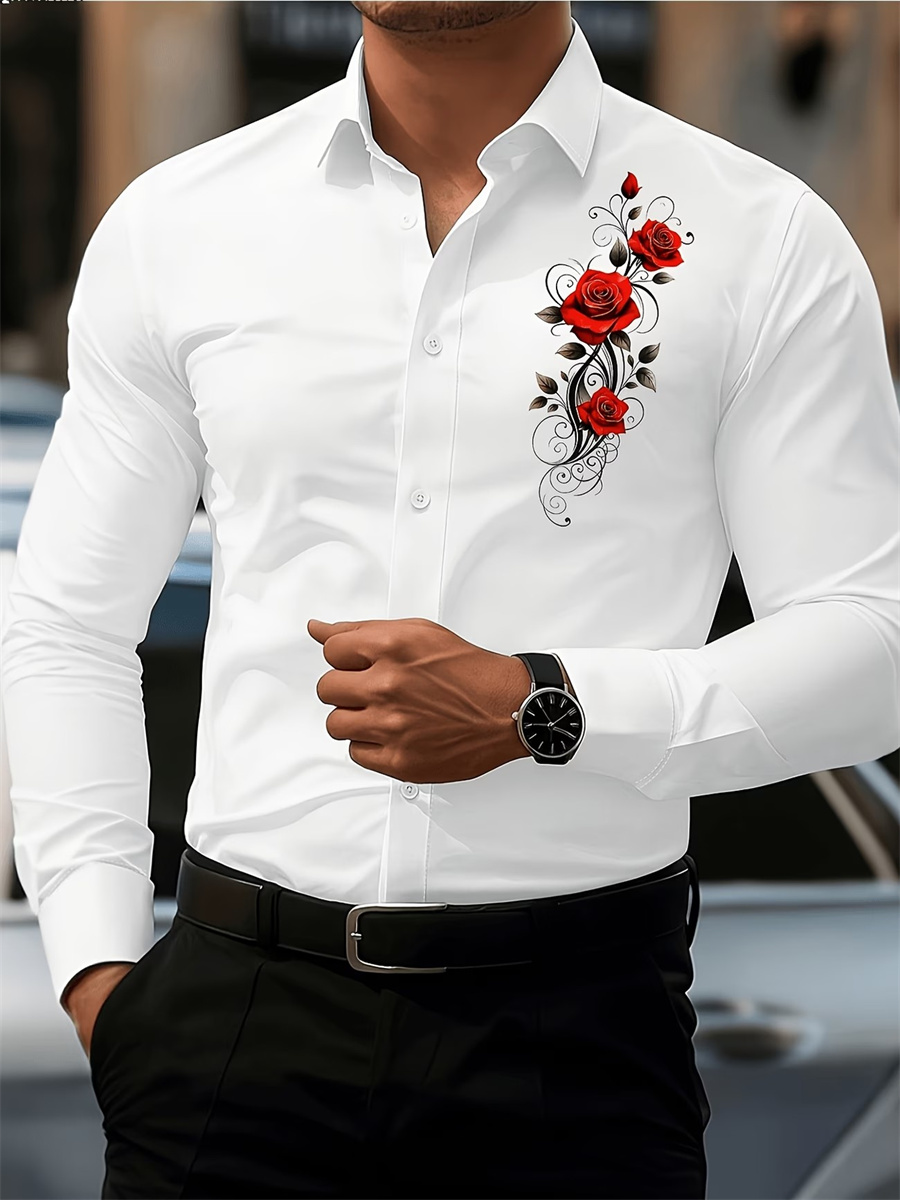 Men's Red Rose Print Long-Slee - Mens Fashion Wear 评论和价格