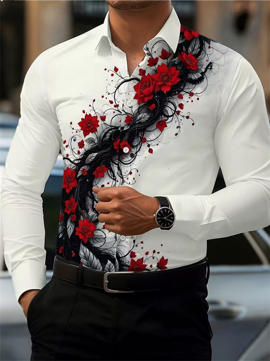 Men's Red Rose Print Long-Slee - Mens Fashion Wear 评论和价格
